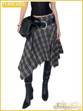 Plaid Asymmetrical Midi Skirt Handkerchief Hem High Rise A-Line